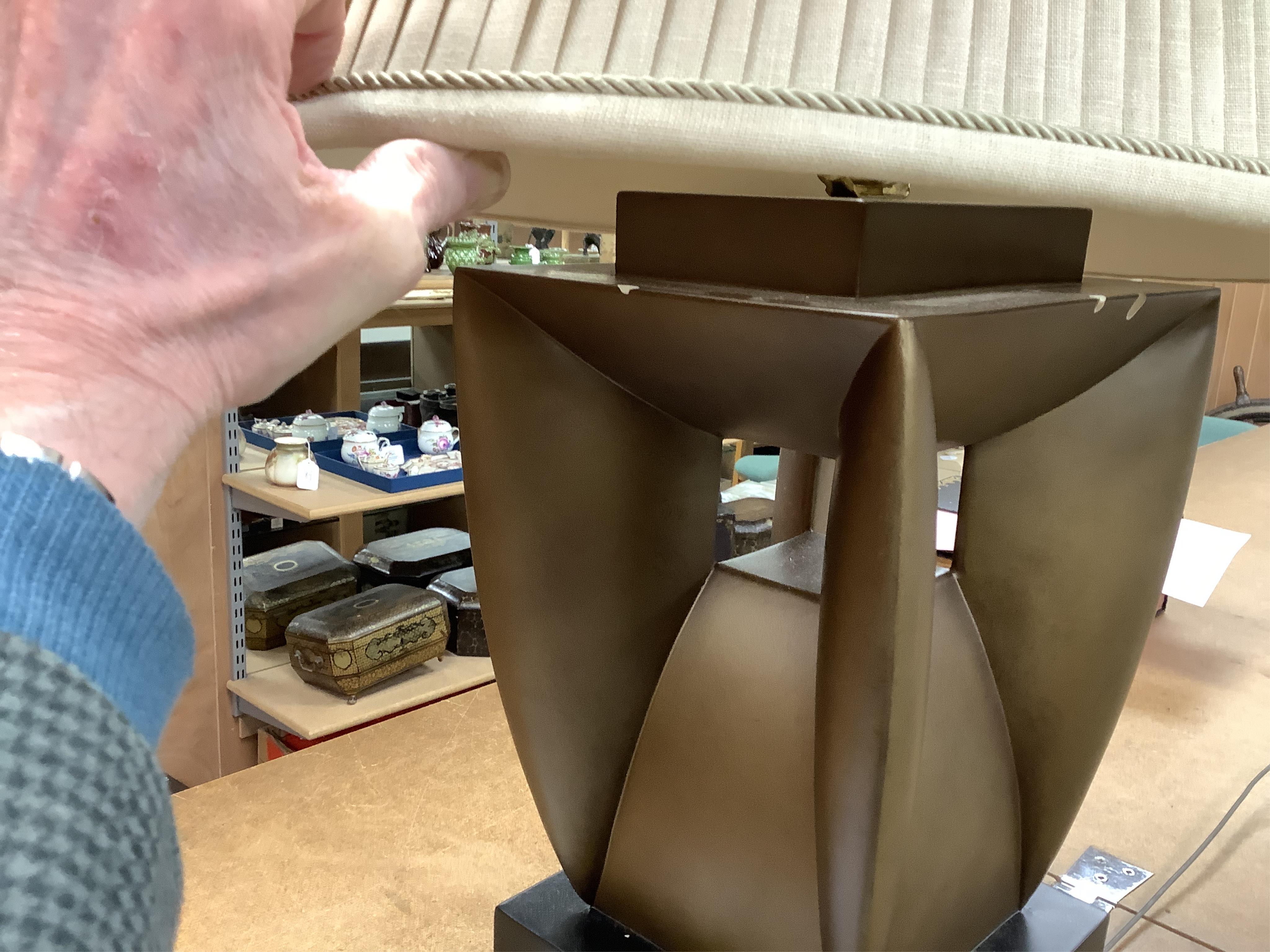 A pair of Art Deco style gilt composition table lamps and shades